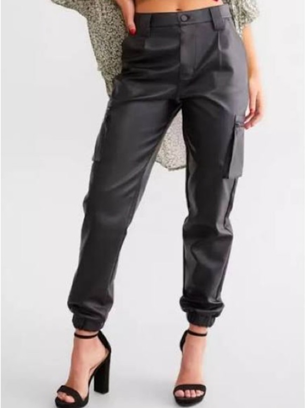 KanCan Black Faux Leather Cargo Joggers